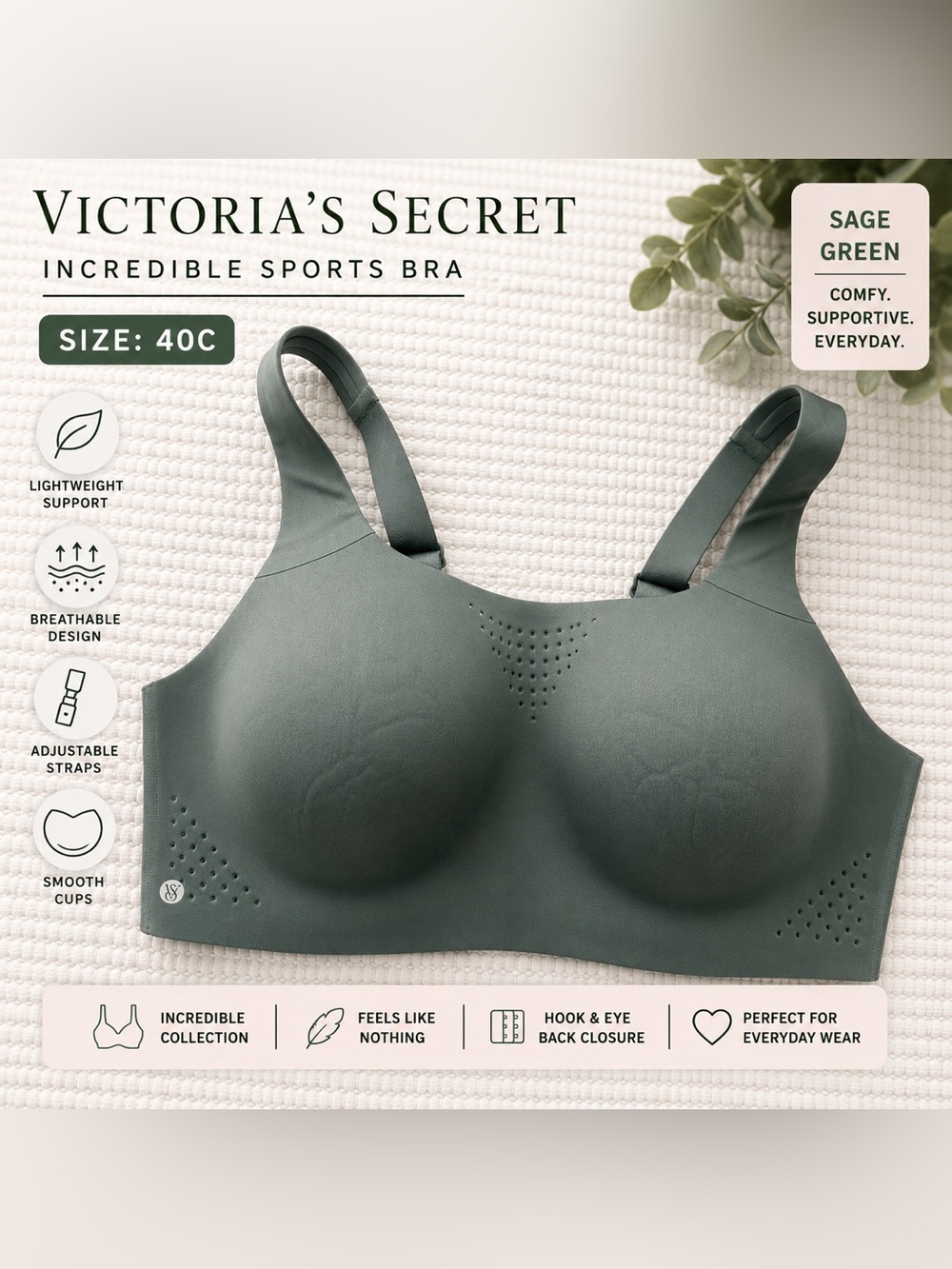 Victoria’s Secret Incredible Sports Bra Sage Green 40C NWT